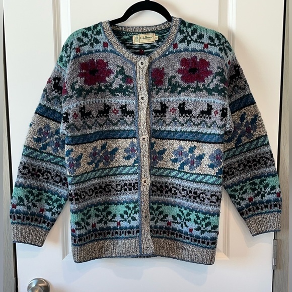 L.L. Bean Sweaters - Vtg LL Bean Cardigan Womens Medium Wool  Animal 80s Prairie Scottie Dog